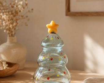 Christmas Tree Glass Cup with Star Lid, Holiday Drinkware, Festive Glass Tumbler, Christmas Party Cup, Cute Xmas Gift