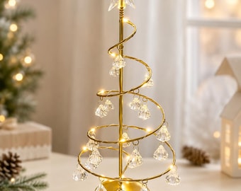 Lighted Crystal Christmas Tree, Gold Spiral Tabletop Tree Lamp, Mini Holiday Night Light, Christmas Home Decor Gift