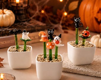 Handmade Halloween Glass Figurine Pot, Black Cat Ghost Pumpkin Bat Decor, Mini Spooky Tabletop Ornament, Fall Gift