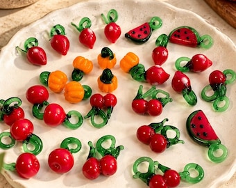 Handmade Glass Fruit Charms, Colorful Lampwork Beads, Strawberry Cherry Watermelon Pumpkin Charms, Jewelry Making Supplies, Cute DIY Gift