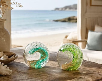 Handmade Glass Ocean Wave Paperweight, Coastal Beach Decor, Glass Wave Sculpture, Ocean Lover Gift, Desk Shelf Decor，Christmas gifts
