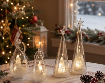 Lighted Glass Christmas Tree Decor, LED Holiday Table Ornament, Glowing Winter Village Decoration, Christmas Gift, Xmas Home Decor