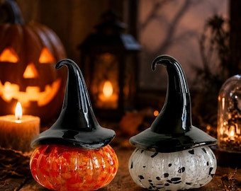 Handmade Glass Pumpkin Witch Hat, Halloween Table Decor, Unique Fall Decoration, Crystal Pumpkin Figurine, Spooky Season Gift for Home