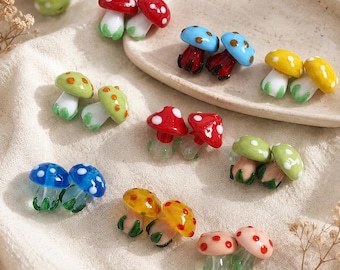 Handmade Mushroom Glass Beads, Lampwork Mushroom Charms, Cute DIY Jewelry Supplies, Fairycore Beads, Bracelet Making Beads, Craft Gift