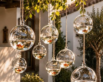 Hanging Glass Fish Bowl, Clear Glass Globe Terrarium, Hanging Plant Vase, Air Plant Holder, Cafe Decor, Indoor Home Decoration