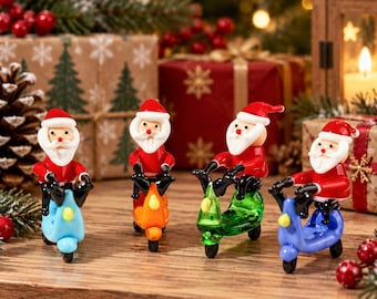 Handmade Glass Santa Scooter Figurine, Christmas Tabletop Decor, Mini Santa Ornament, Holiday Gift