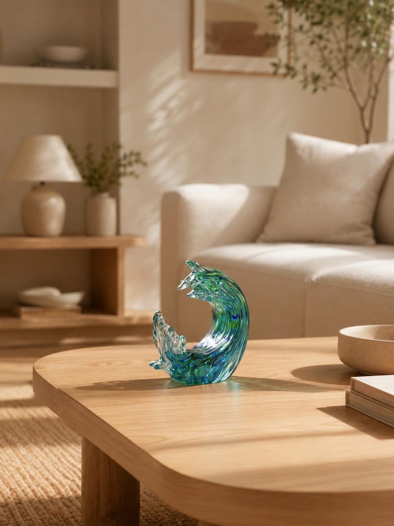 Puede incluir: Una escultura decorativa de cristal con forma de ola oce&aacute;nica, que presenta tonos transl&uacute;cidos de azul profundo, turquesa y verde. La pieza tiene un acabado liso y pulido con patrones de color en espiral que imitan el movimiento del agua.