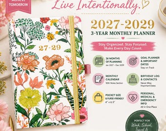 2027-2029 Pocket Planner | 3 Year Monthly Calendar | Pen Holder, Pocket & Elastic Closure