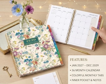2027-2029 Monthly Planner | 3 Year Calendar | 9x11 Planner with Tabs, Pocket & Notes | Beige