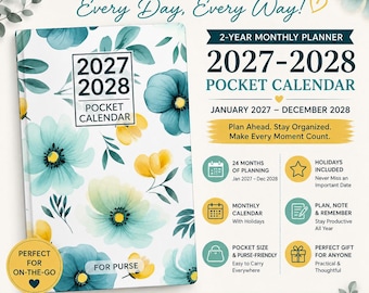2027-2028 Pocket Planner | Small 2 Year Monthly Calendar with Holidays | Purse Size Organizer