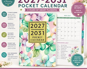 2027-2031 Pocket Planner | 5 Year Monthly Calendar with Holidays | Purse Planner Jan 2027-Dec 2031