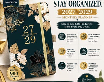 2027-2029 Pocket Planner | 3 Year Monthly Calendar | Pen Holder, Pocket, Bookmarks & Notes Pages