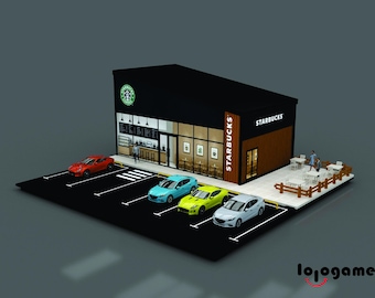 Diorama de una cafetería Starbucks a escala 1:64 con iluminación LED, garaje para exhibición de autos de metal fundido y escena de estacionamiento de cafetería en miniatura.