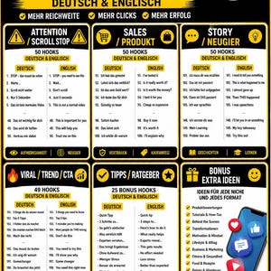 May include: A black and yellow graphic with the text "199 PERFEKTE HOOKS DEUTSCH & ENGLISCH" and lists of hooks for social media content. Includes sections on attention, sales, story, viral trends, tips, and bonus ideas.