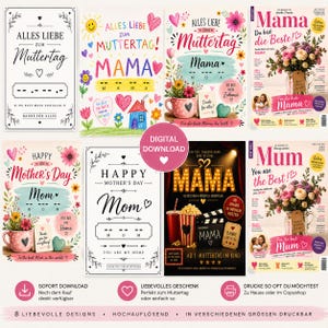 May include: A collection of digital download Mother's Day cards with various designs. The cards feature floral arrangements, hearts, and the word "Mom" or "Mama" in different fonts. Some cards include text like "Happy Mother's Day" and "Alles Liebe zum Muttertag."