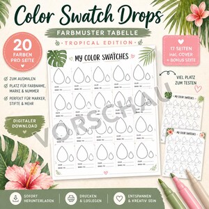 Puede incluir: Una descarga digital de una tabla de muestras de color titulada "Color Swatch Drops" con el texto "Tropical Edition". La tabla presenta una cuadrícula de formas de gotas para probar colores, con espacio para nombres de marcas y colores. Incluye 17 páginas.