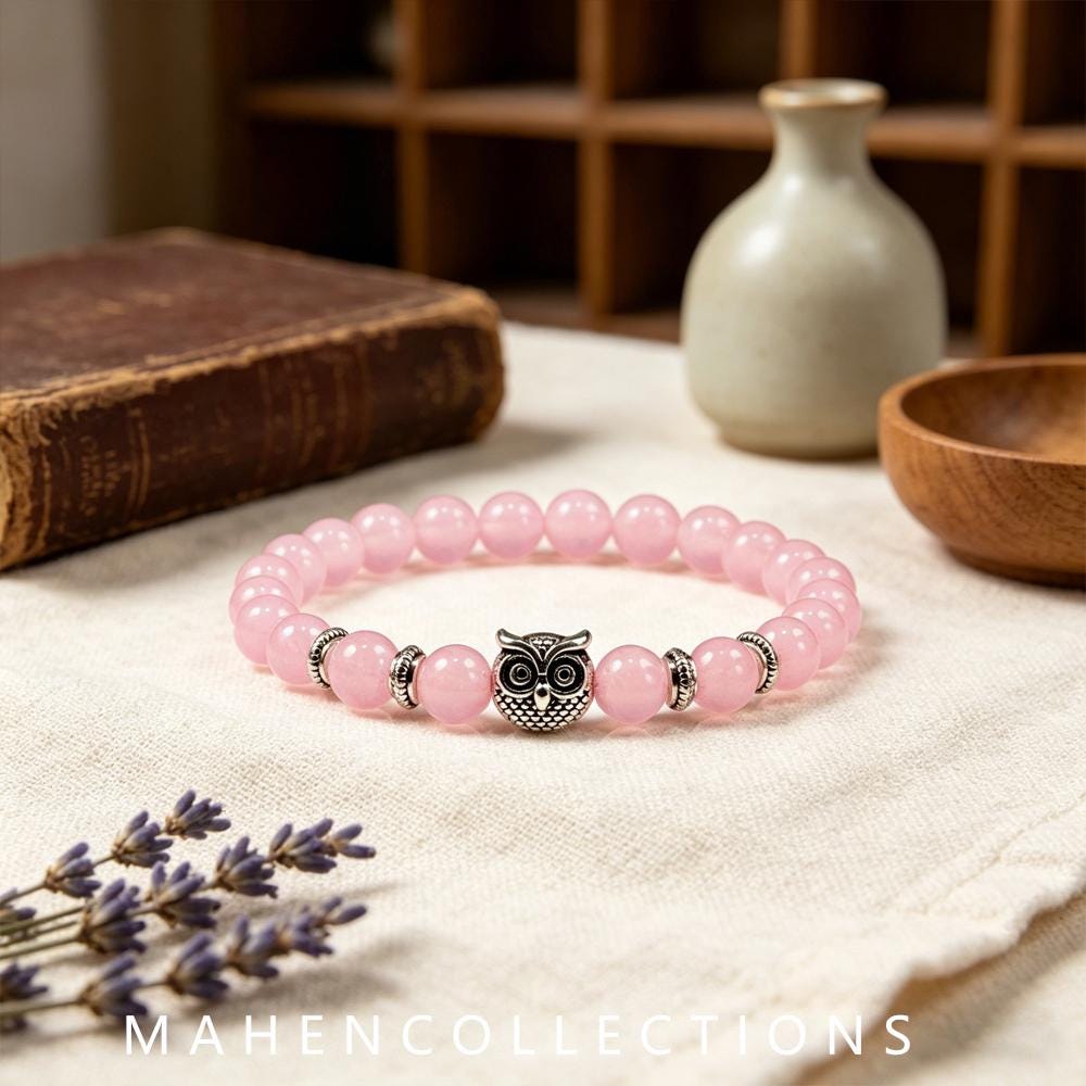 Rose Quartz Owl Charm Bracelet, 8mm Natural Stone Elastic Stretch Jewelry