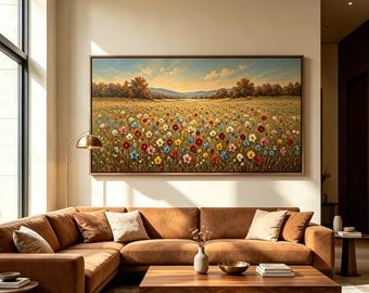 Boho Wildflower River Landscape Oil Painting, Hand Painted Sunset Scenery Wall Art for Living Room Entryway