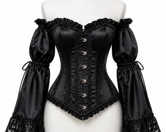 Black Satin Overbust Corset with Detachable Sleeves | Gothic Victorian Costume Top