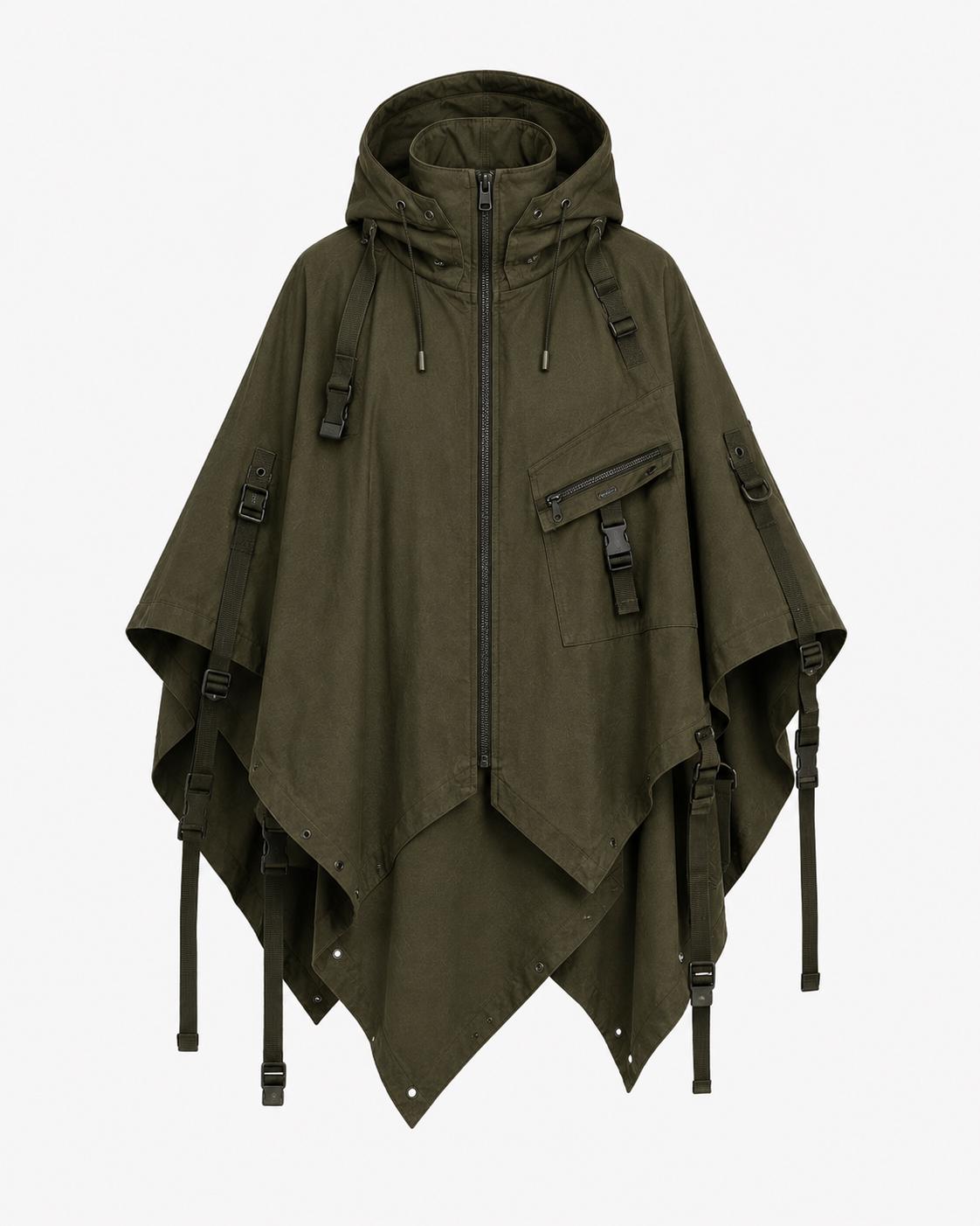 Heavy Cotton Canvas Hooded Poncho Cloak Men's Techwear Cape, Tactical Outerwear