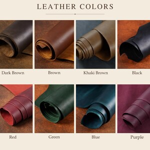 May include: A colour chart titled LEATHER COLORS displaying eight rolled leather samples in dark brown, brown, khaki brown, black, red, green, blue, and purple. Each sample is labelled with its corresponding colour name below the image.