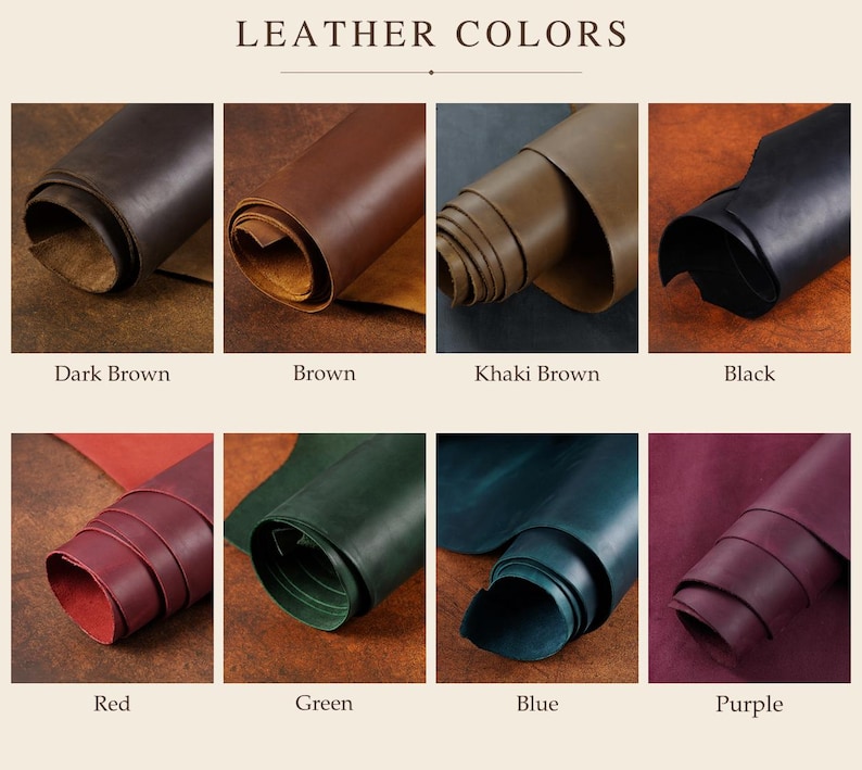 May include: A colour chart titled LEATHER COLORS displaying eight rolled leather samples in dark brown, brown, khaki brown, black, red, green, blue, and purple. Each sample is labelled with its corresponding colour name below the image.
