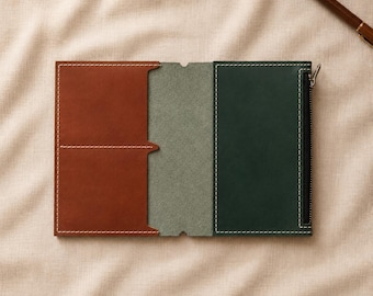 Caderno de viagem personalizado em couro, tamanho A6 ou A5, com bolso com zíper, compartimentos para cartões, recarregável, ideal para presente.