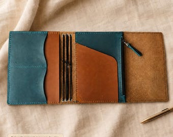 Funda personalizada de cuero para cuaderno A6, funda para diario A5, funda TN recargable tríptico con ranuras para tarjetas, bolsillo con cremallera, regalo.