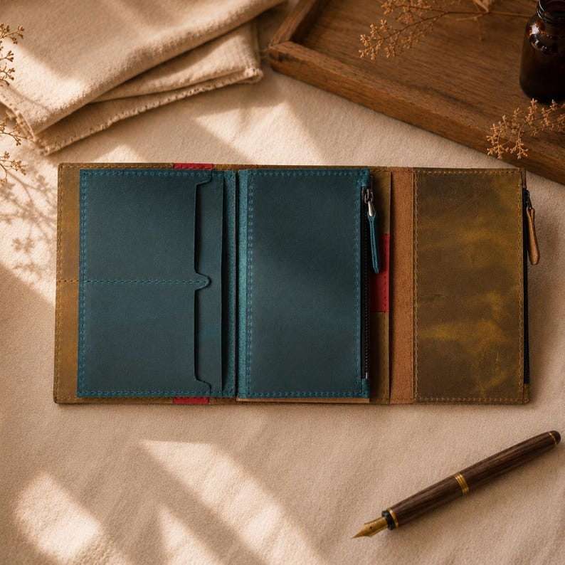 May include: A tri-fold leather wallet featuring a distressed brown exterior and a teal interior. The interior includes multiple card slots, a vertical pocket, and a zippered compartment with a metal pull. A dark brown fountain pen lies nearby.