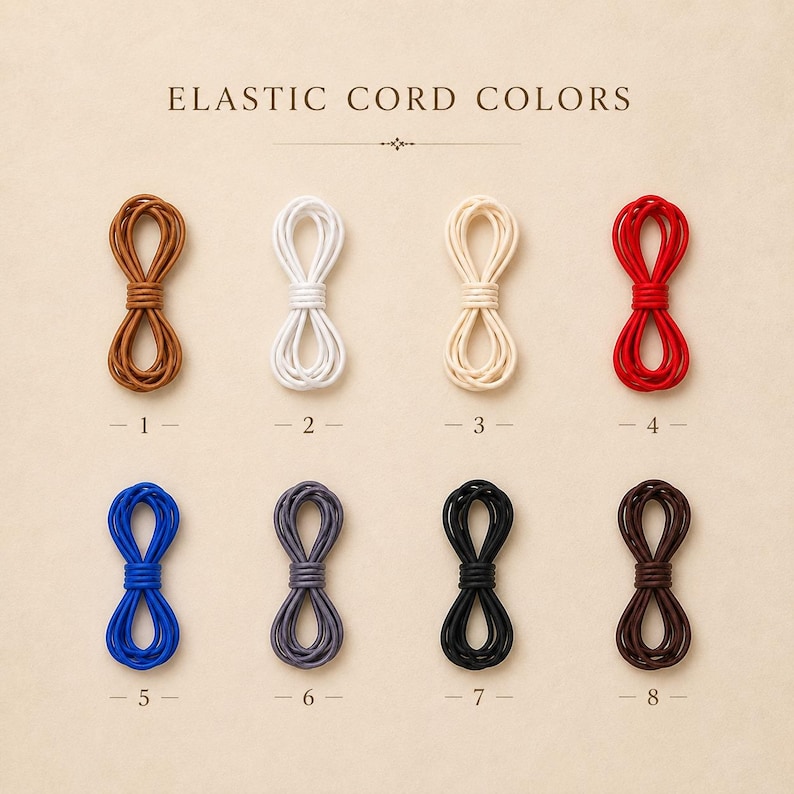 Pode incluir: Oito pacotes de cord&atilde;o el&aacute;stico dispostos em duas filas, numerados de 1 a 8. As cores incluem castanho, branco, creme, vermelho, azul, cinzento, preto e castanho escuro. O texto ELASTIC CORD COLORS est&aacute; centrado no topo da imagem.
