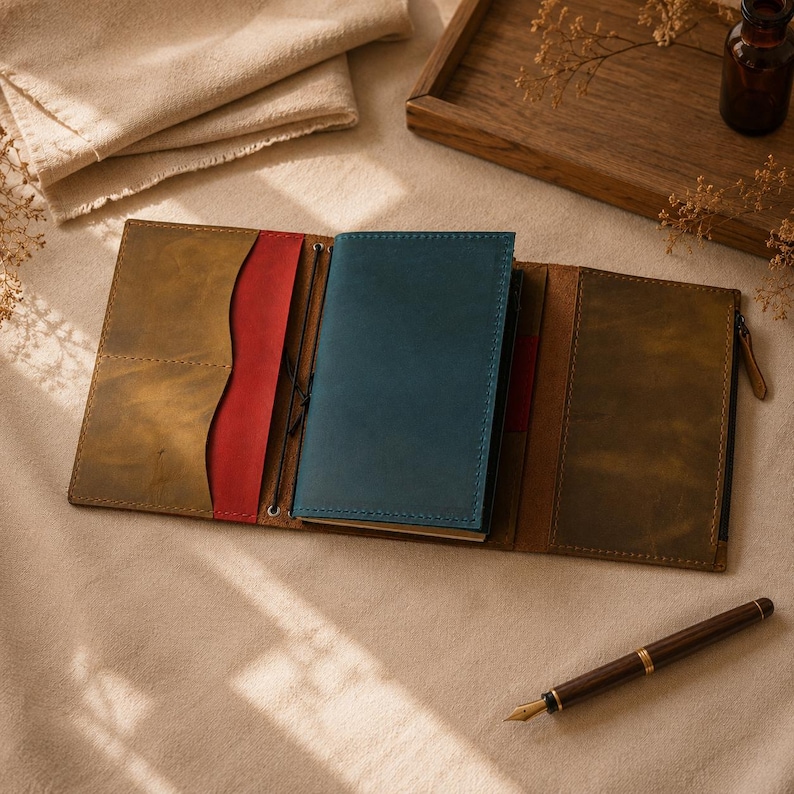 May include: A leather traveller's notebook cover in olive green with a vibrant red interior pocket and a central blue notebook insert. The cover features multiple card slots, a zippered compartment, and an elastic band closure system for holding inserts.