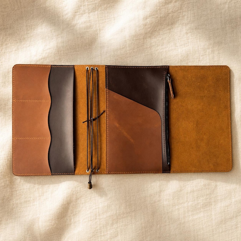 Capa de couro personalizada para caderno A6, capa para diário A5, capa dobrável tripla recarregável com compartimentos para cartões, bolso com zíper, ideal para presente. imagem 4