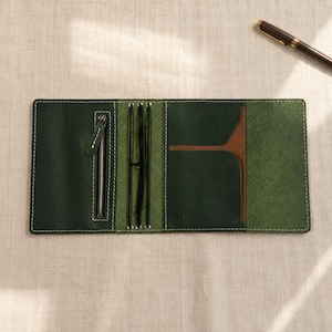 Personalized A6 Leather Journal Cover, Trifold Travelers Notebook Cover, Refillable TN Cover with Card Slots, Zipper Pocket, A5 Gift