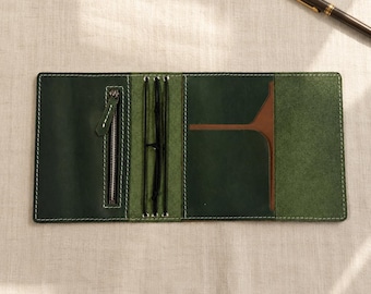 Capa de couro personalizada para caderno tamanho A6, capa dobrável para caderno de viagem, capa recarregável para caderno de viagem com compartimentos para cartões, bolso com zíper, presente tamanho A5