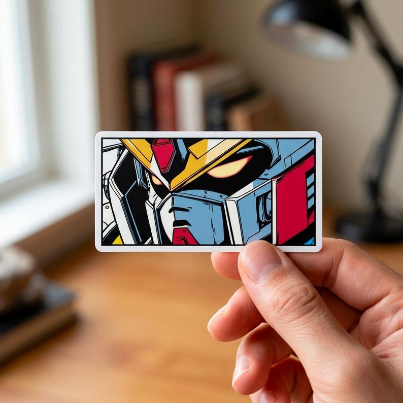 Puede incluir: Una pegatina rectangular con una ilustraci&oacute;n estilizada de la cara de un robot. El robot tiene un casco amarillo, detalles en rojo y detalles en azul y blanco. Los ojos del robot brillan en naranja sobre un fondo negro.