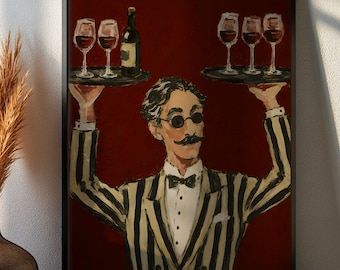 Servitörsaffisch, barväggdekor, vinillustration, vintagekonsttryck, nyckfullt konstverk
