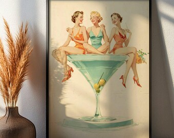 Väggkonsttryck med vintagecocktailflickor – Retro Martiniglas-pin-up-affisch, bardekor från mitten av århundradet, glamorös feminin loungekonstverk