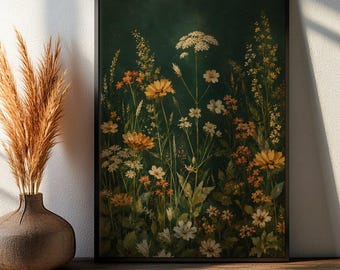 Wildflower Green Poster, Meadow Art Print, Botanical Illustration, Floral Wall Decor, Nature Artwork
