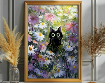 Svart katt i ett hav av blommor Poster, oramad väggdekoration