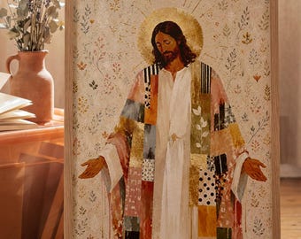 Lámina decorativa de Jesús estilo boho para pared – Póster cristiano, decoración religiosa para pared, obra de arte espiritual moderna, arte de estilo folclórico en tonos beige.