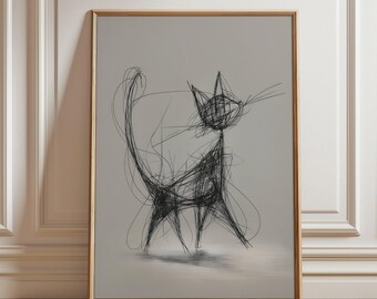 Husdjursporträtt Klottrande Katt Minimalistisk Linjekonst, Lekfull Katt Digital Nedladdning, Modern Väggdekoration för Kattälskare, Utskrivbar Kattungekonstverk