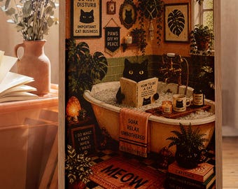 Stampa digitale con simpatico gatto nero per il bagno / Decorazione murale accogliente con gatto / Download digitale per bagno in stile vintage rosa