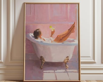 Badrumsaffisch, konsttryck med kvinnans avkoppling, illustration för fritid, rosa väggdekor, lugnande konstverk