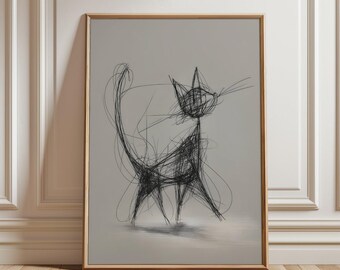 Kattposter, minimalistiskt konsttryck, klotterillustration, monokrom väggdekor, modernt konstverk