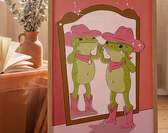 Grodaposter, Cowboykonsttryck, Spegelillustration, Nyckfull Väggdekoration, Djurkonstverk