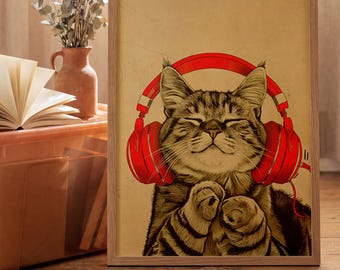 Póster de un lindo gato con auriculares, decoración moderna de pared con temática de gatos y música, lámina impresa de gatos, regalo estético para una habitación acogedora.