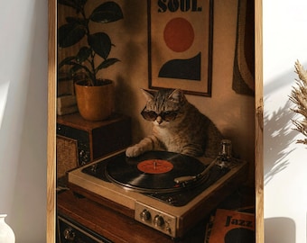 DJ Cat Vinyl Digital Nedladdning – Retro Skivspelare Musik Konsttryck
