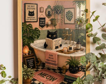 Stampa artistica da parete per bagno con gatto nero / Decorazione bagno rosa accogliente / Poster divertente con gatto / Opera d'arte vintage con gatto nella vasca da bagno