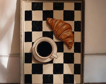 Checkered Coffee and Croissant Print, Retro Kitchen Print, Croissant and Coffee Print, Funky Food and Drink Poster, Coffee Cup Wall Art