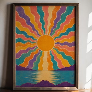 Retro psykedelisk solstråleposter | Boho solnedgångsväggkonst | Vintage hippiedekor